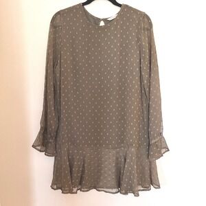 Soft Surroundings Olive Green Clipped Dot Ruffle Mini Dress Tunic 2AW86 Womens S